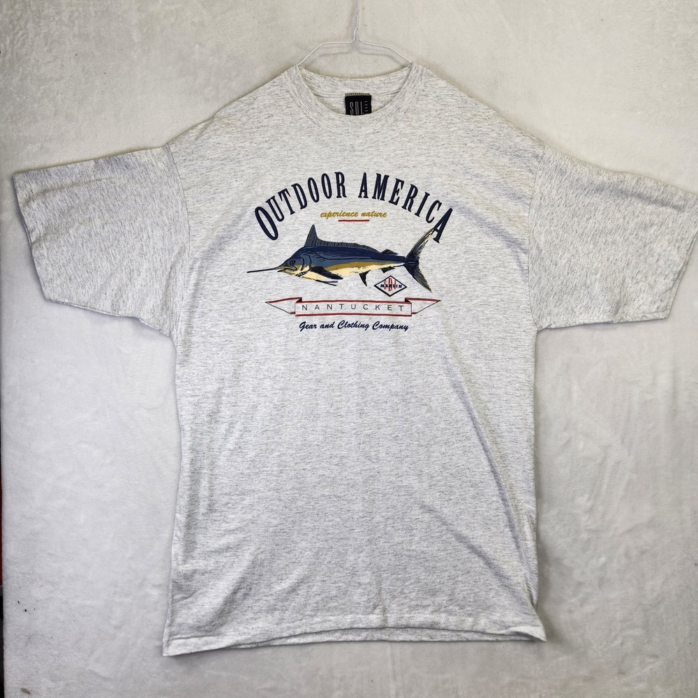 Vintage SDI Outdoor America Nantucket Marlin Graphic TShirt Grey Single Stitch L
